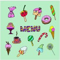 Vector set, word Menu, ice cream, sweet, candy, cup of tea, cofee, cake, donat, dessert, colorful isolated